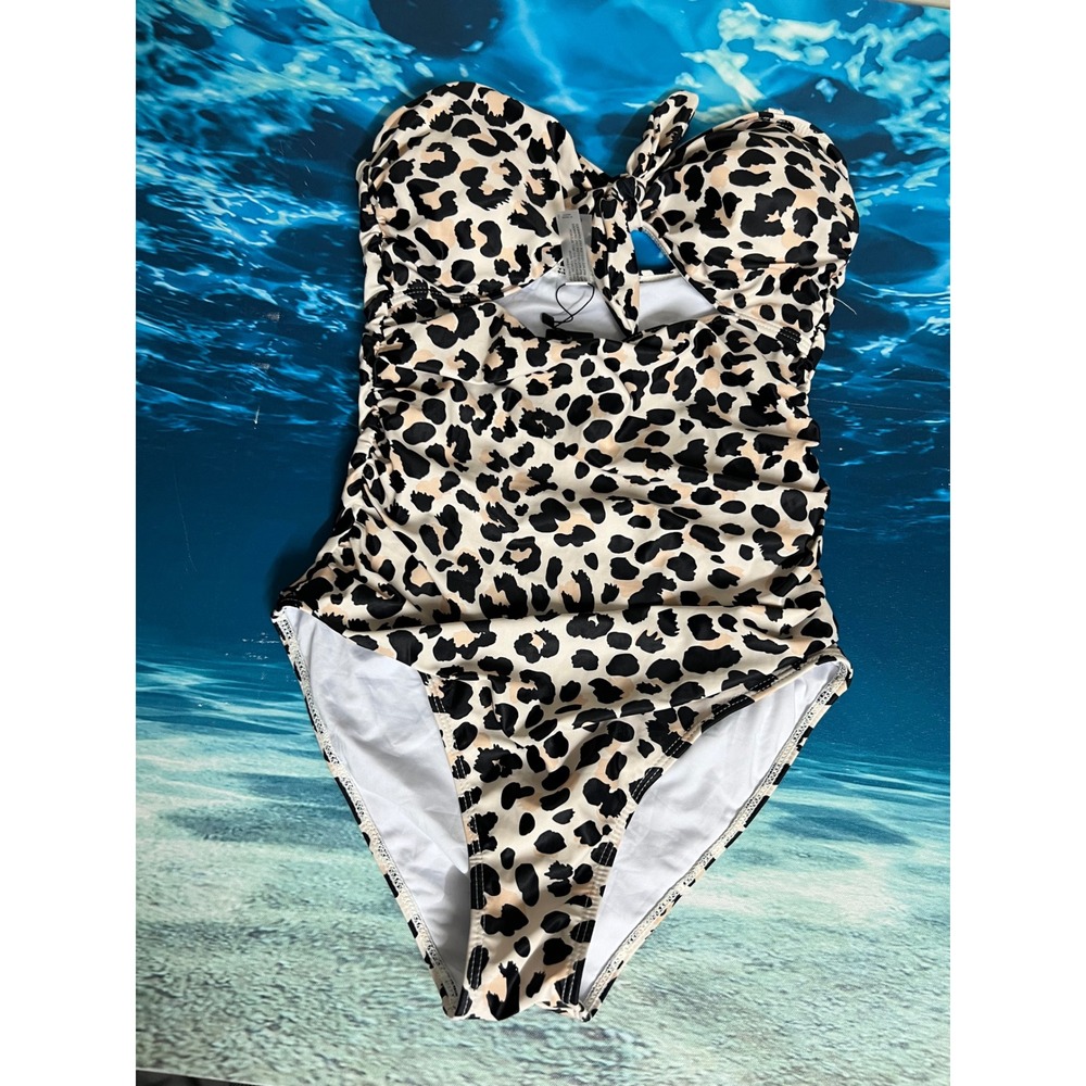 Tempt Me Leopard Print One Piece Swimsuit Tie Front Cutout Ruched Size M